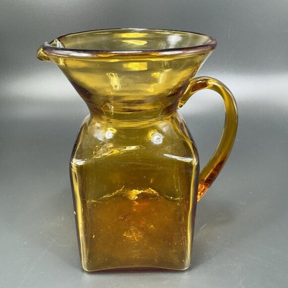 Mid Century Hand Blown Art Glass Pitcher Jug Carafe Amber With Handle Hand Made - Picture 1 of 12